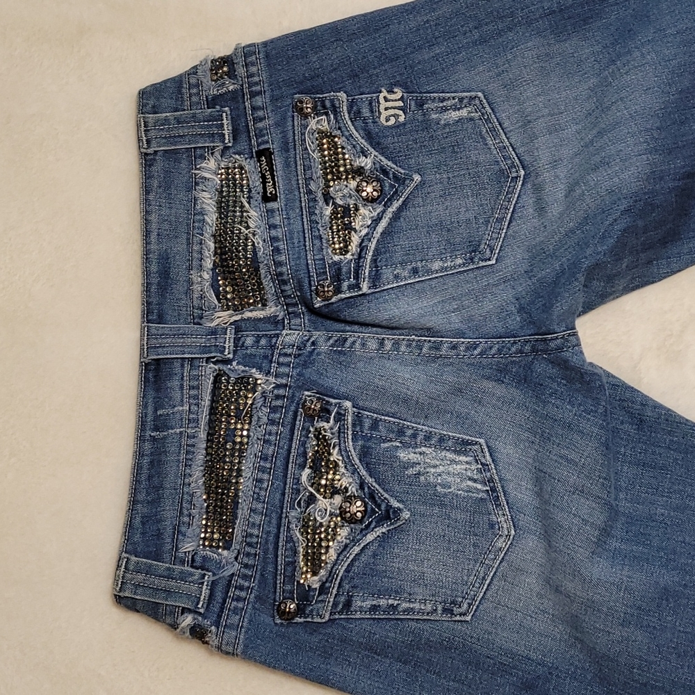 Miss Me Rhinestone Embellished Distressed Bootcut Blue Denim Jeans